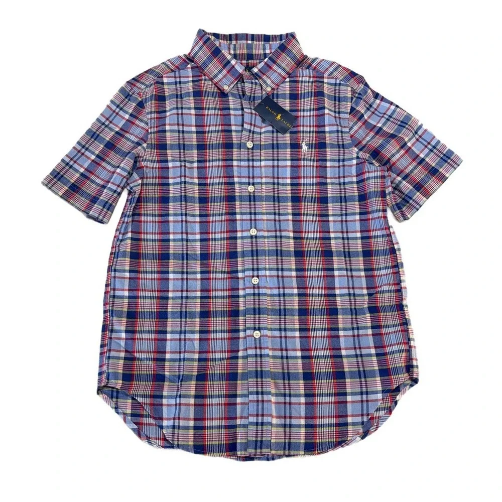 NWT Ralph Lauren Boys Short Sleeve Blue Red Plaid Button‎ Down Shirt M (10/12)
