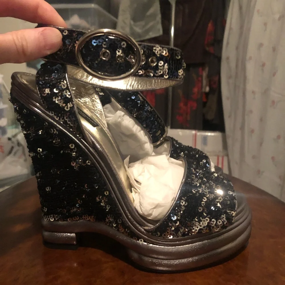 Dolce & Gabbana Blue/Silver Sequin Wedges 39.5