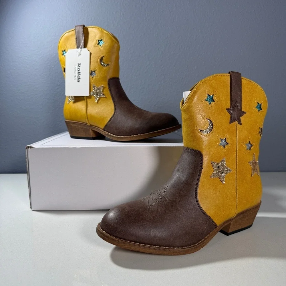 Rollda Girls Cowboy Boots Yellow Brown Stars‎ Moon Sparkle Size 4