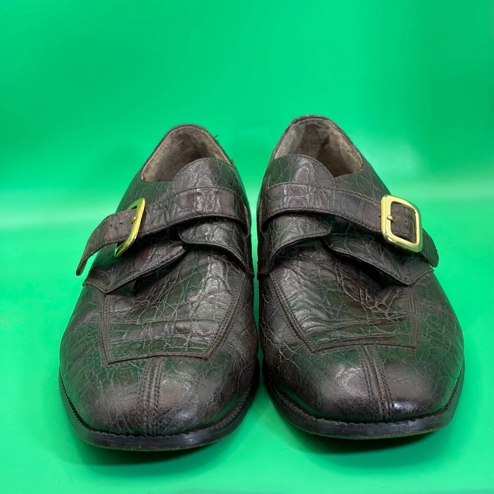 VTG Marco Vicci Monk Strap Leather Loafers Mens 8.5 M Brown Crocodile Dress Shoe