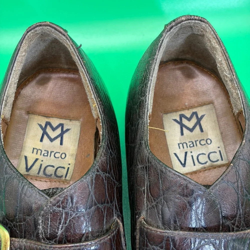 VTG Marco Vicci Monk Strap Leather Loafers Mens 8.5 M Brown Crocodile Dress Shoe