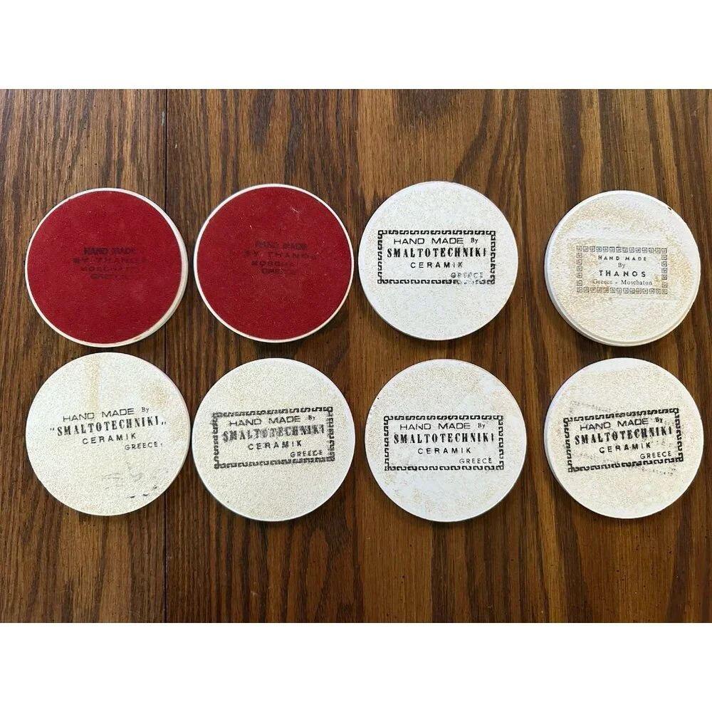 8 Vintage Smaltotechniki & Thanos Ceramic Greek Round 3.5