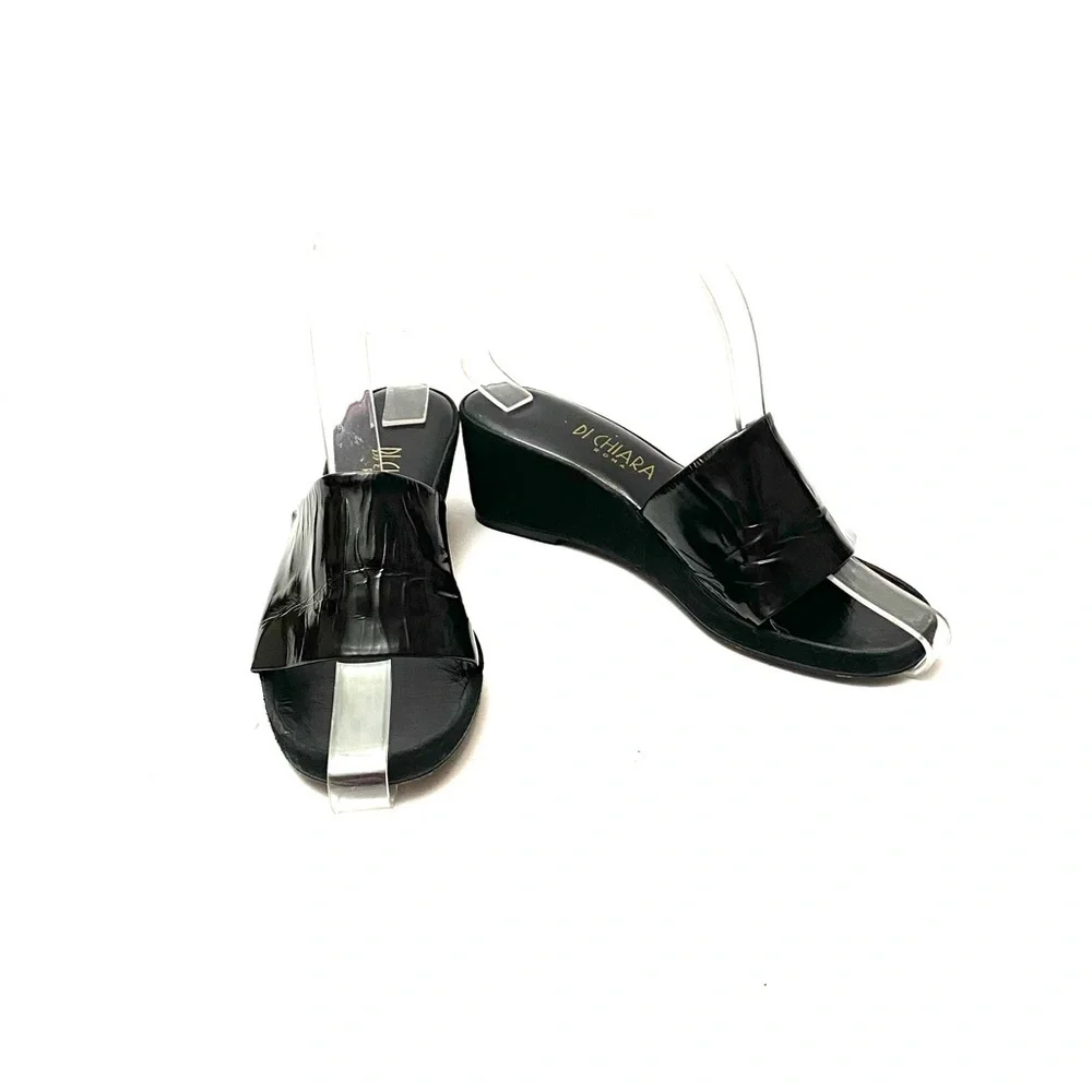 Vintage 1970s black leather suede wedge sandals
