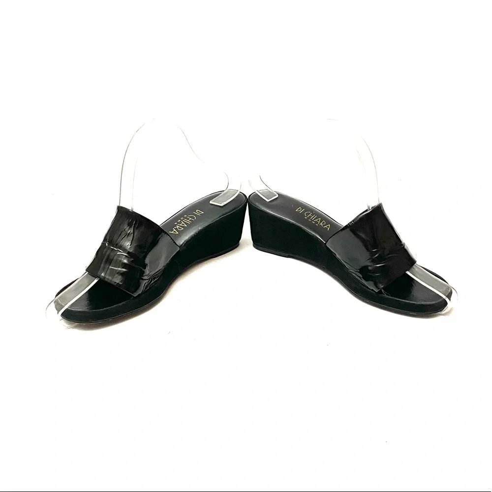 Vintage 1970s black leather suede wedge sandals