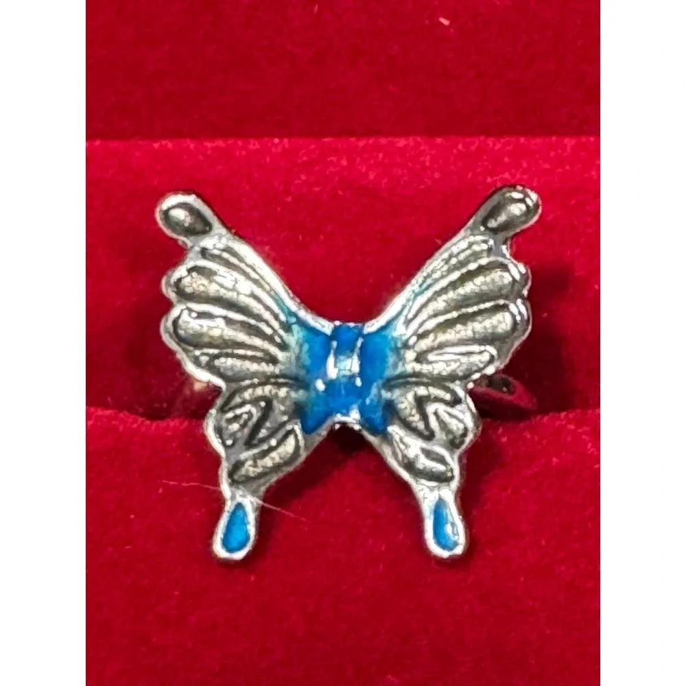 Silver Tone Blue Enamel Butterfly Statement Ring Adjustable Size‎ 5.25 Y2K Style