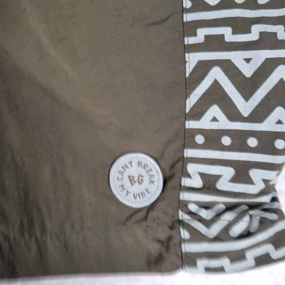 Bearded‎ Goat Swim Trunks Mens XXL Olive Green Grey Tribal Print Nylon Shorts