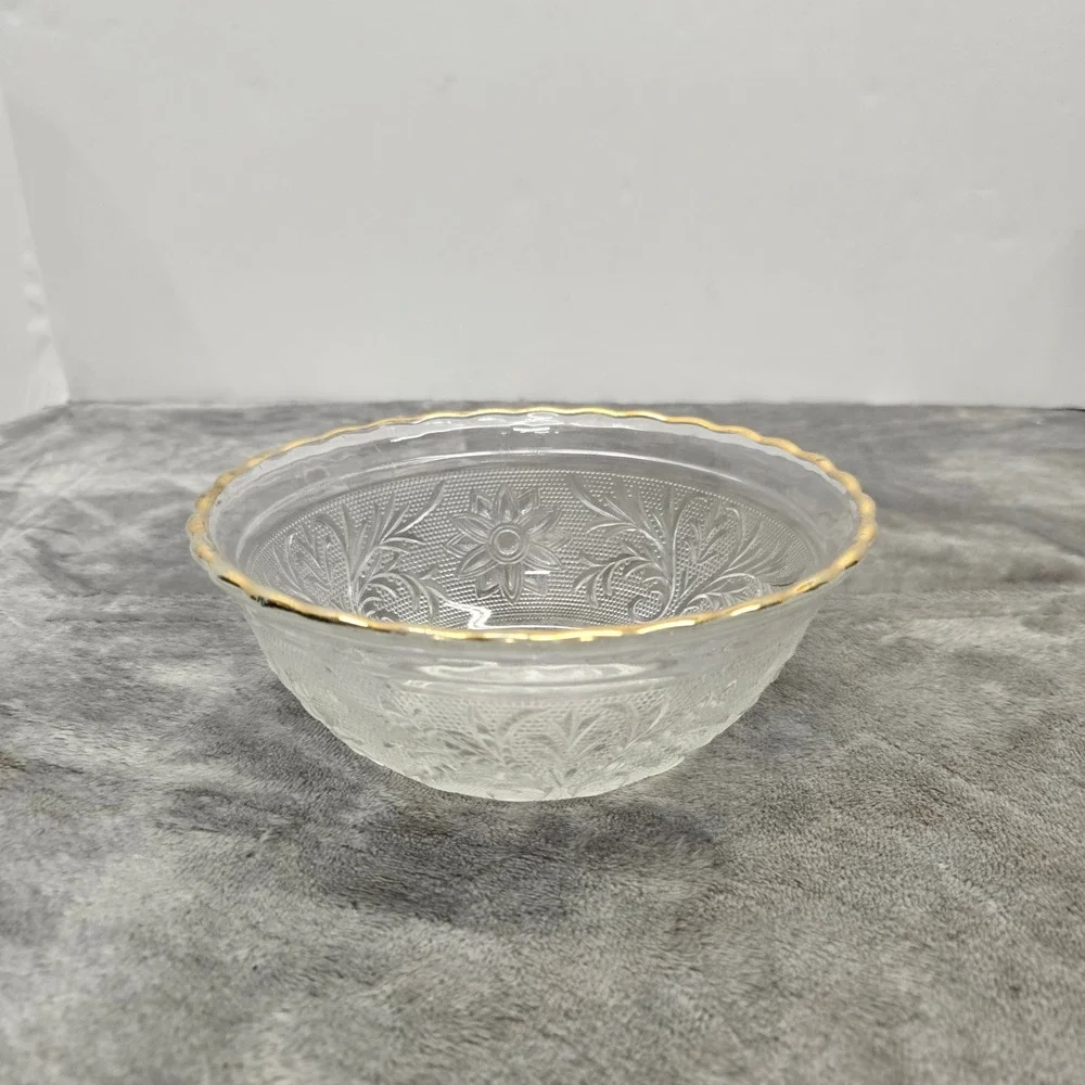 Vintage Clear Pressed Glass Floral Bowl Scalloped Gold Trim Rim Embossed Pattern