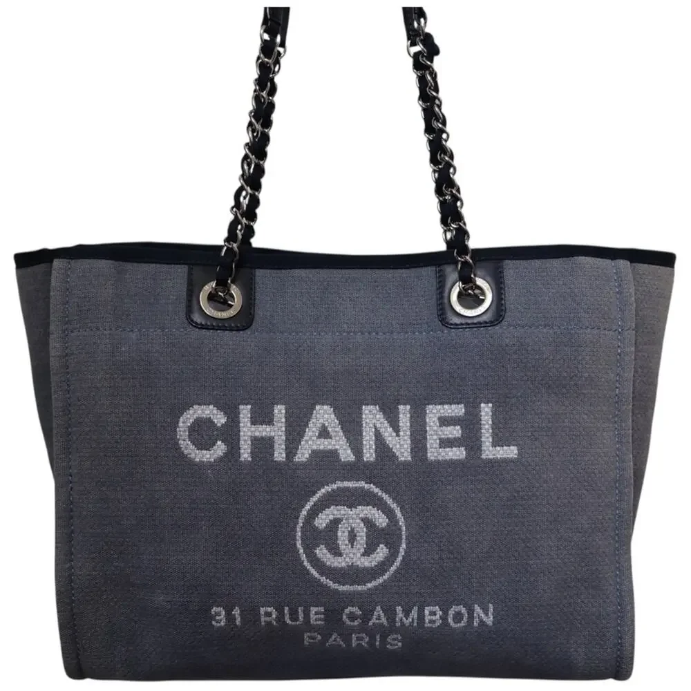 Chanel Deauville Tote Bag Denim Slate Blue Canvas Navy Trim Silver Hardware