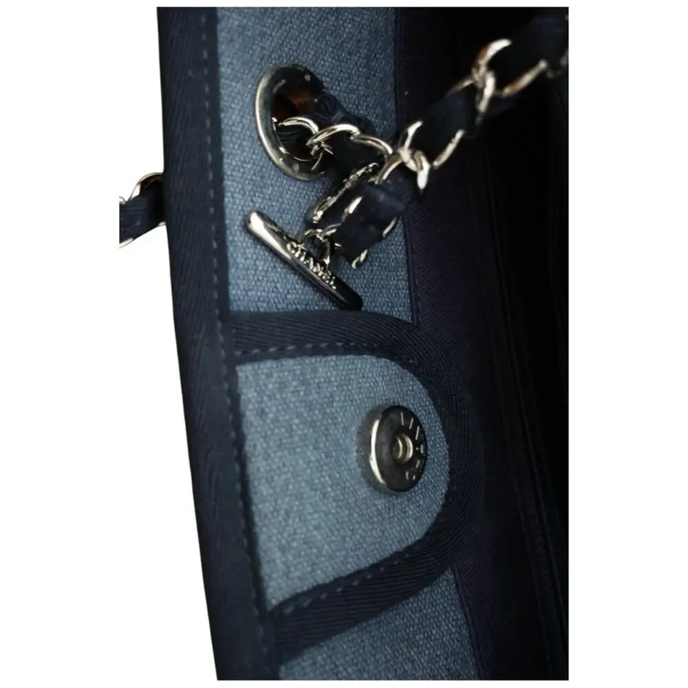 Chanel Deauville Tote Bag Denim Slate Blue Canvas Navy Trim Silver Hardware