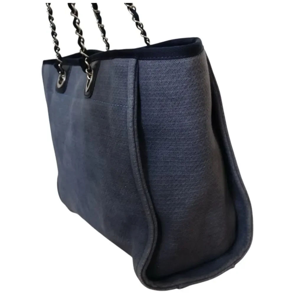 Chanel Deauville Tote Bag Denim Slate Blue Canvas Navy Trim Silver Hardware