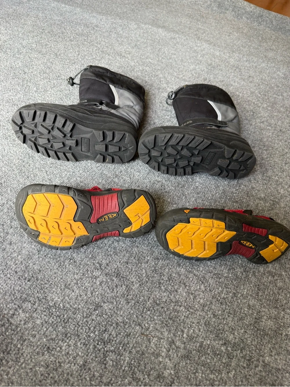 LL Bean Winter boots and Keen Hurricane Sandals
