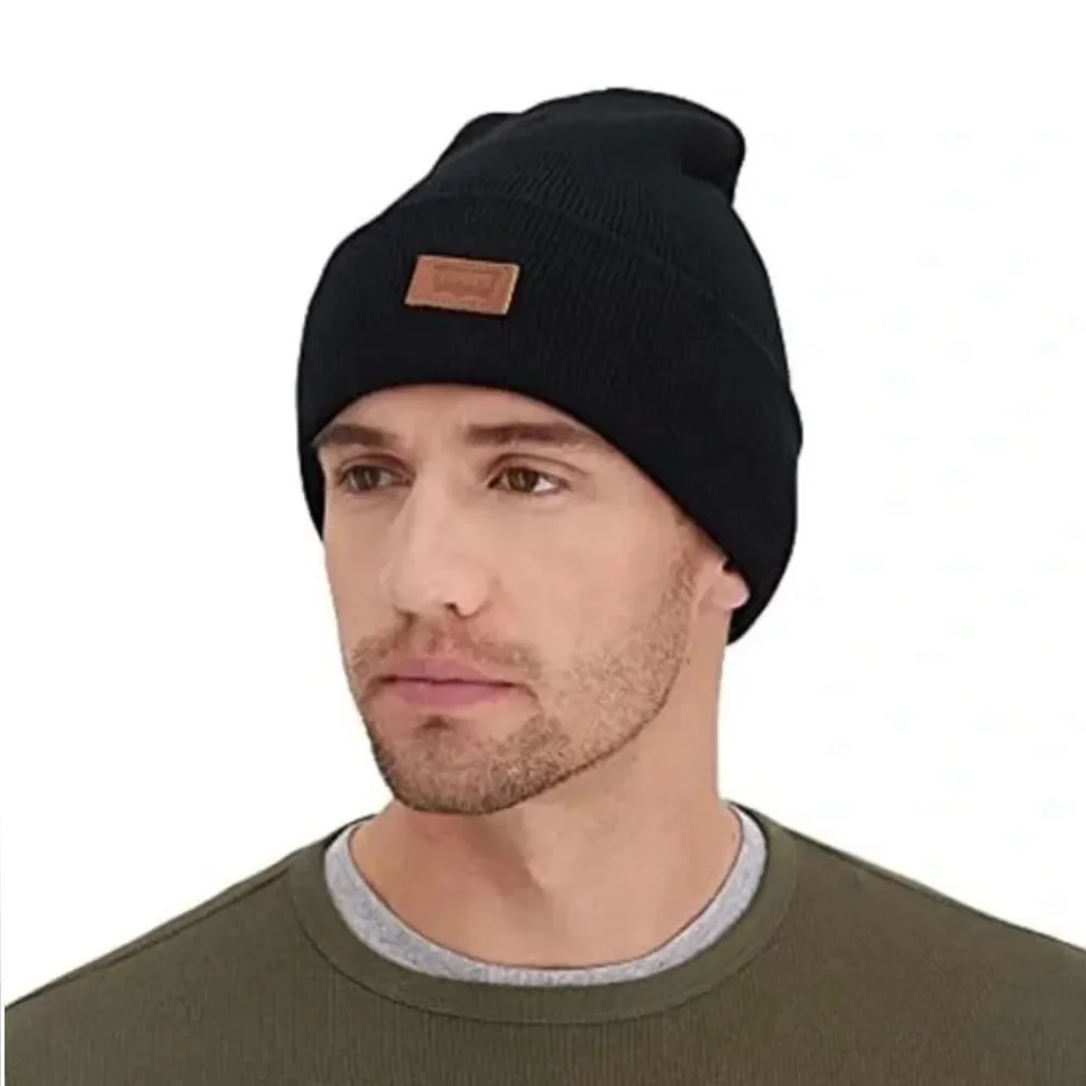 LEVI’S OS Unisex Black Brown Leather Patch Logo Knit Beanie Hat Superior Warmth