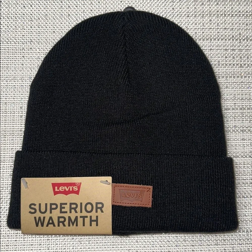LEVI’S OS Unisex Black Brown Leather Patch Logo Knit Beanie Hat Superior Warmth