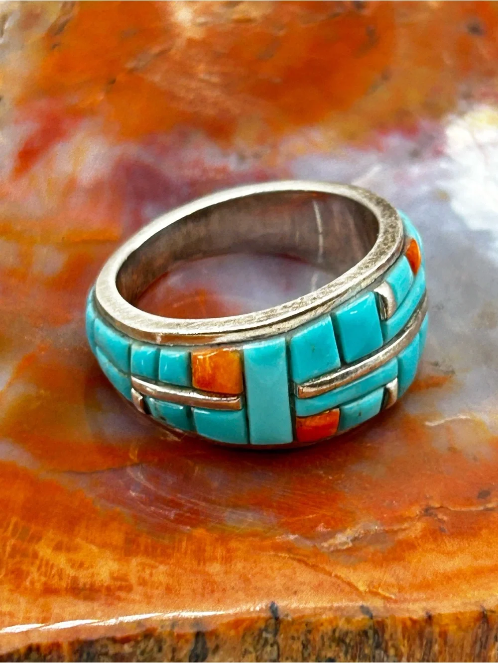 Southwest Turquoise and Coral Inlay Ring, sterling silver - Size 9
