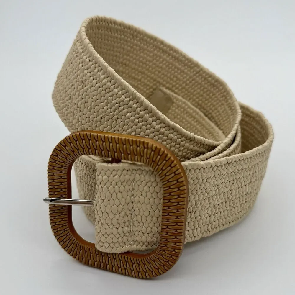 Straw Stretch Woven Belt Womens Natural -Rattan Buckle 48