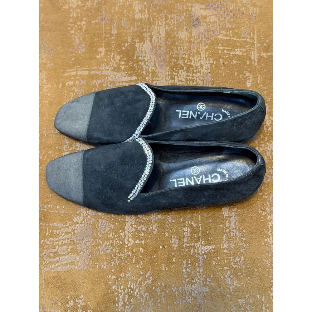 Chanel Black Suede Crystal Trim Cap Toe Loafers Flats G35833 Size 38