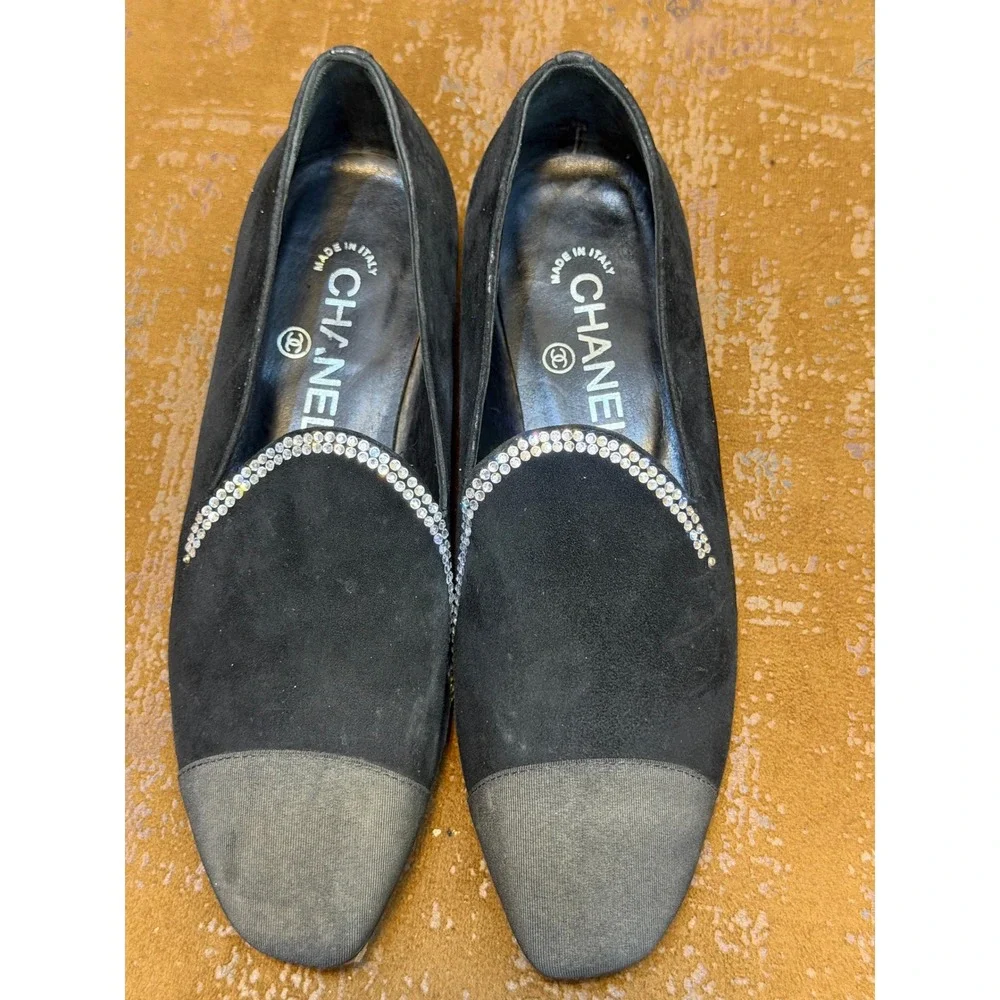 Chanel Black Suede Crystal Trim Cap Toe Loafers Flats G35833 Size 38
