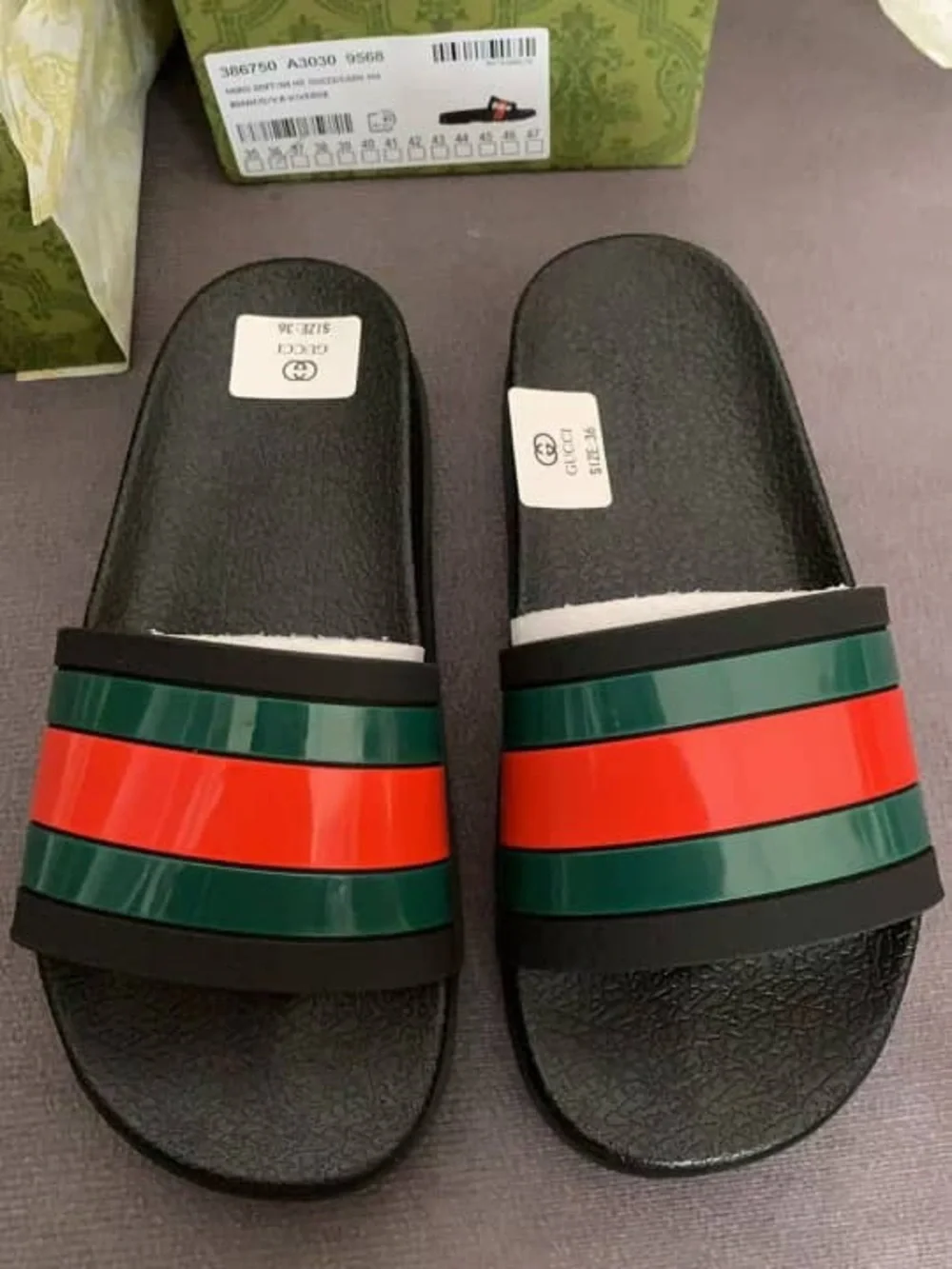 Gucci Men Black Slides with Red and Green Stripe Band