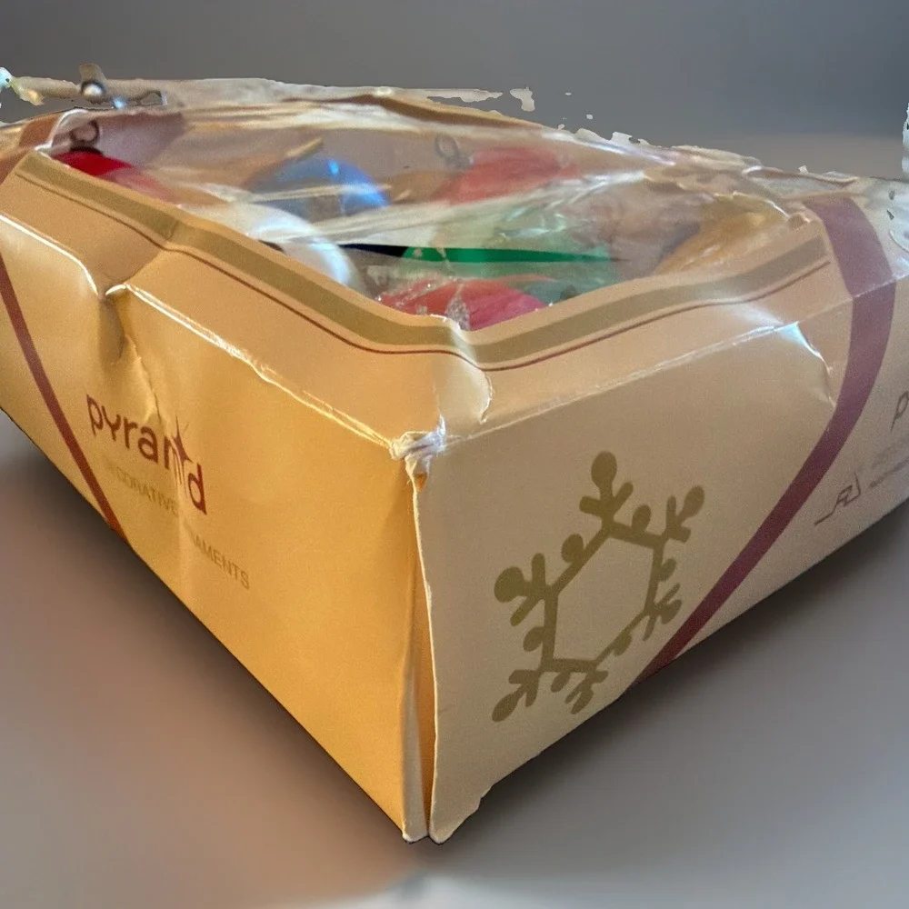 7 Vintage PYRAMID Spun Satin & Glitter Christmas Ornaments Decor in Original Box