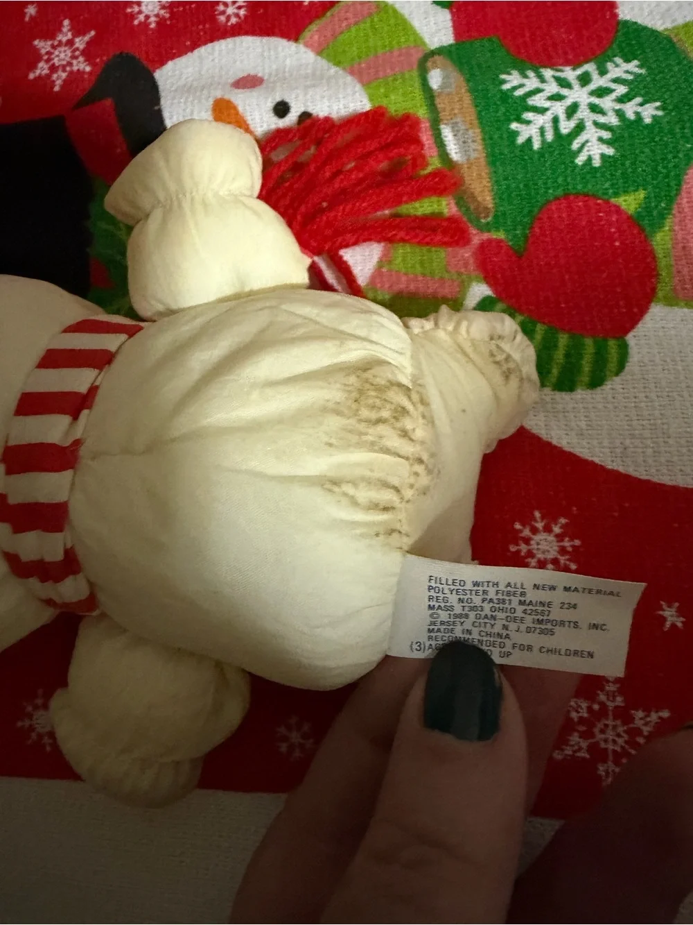 Cream Snowman Plush Holiday Throw Accent with Black Hat and Red-White Scarf