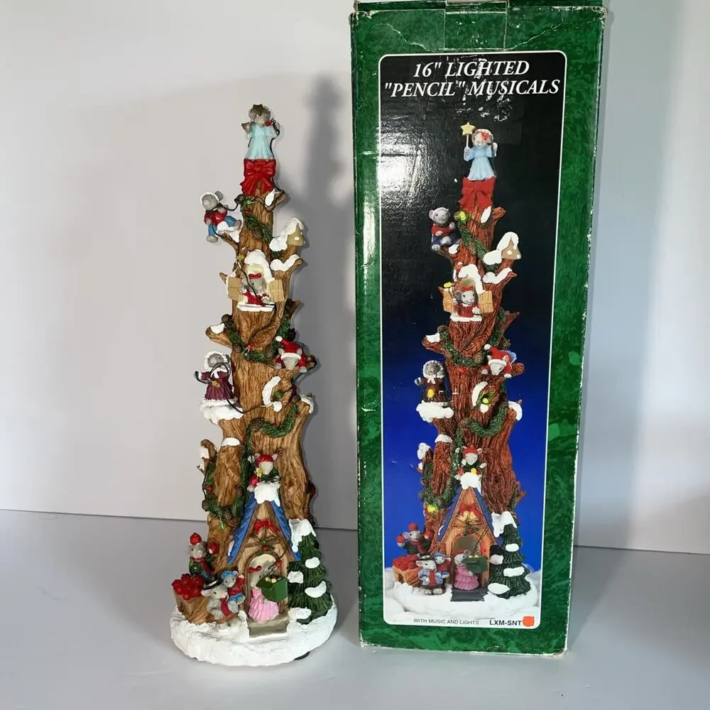 Vintage Christmas Mouse Family Pencil Tree House Musical and Lighted