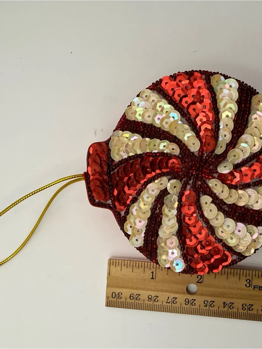 Red & White Sequin Fabric Hanging Christmas Ornament, Round Peppermint Swirl