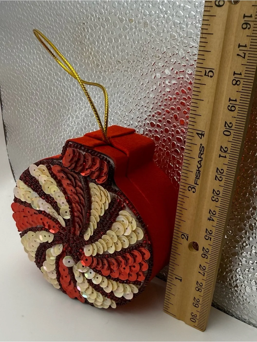 Red & White Sequin Fabric Hanging Christmas Ornament, Round Peppermint Swirl