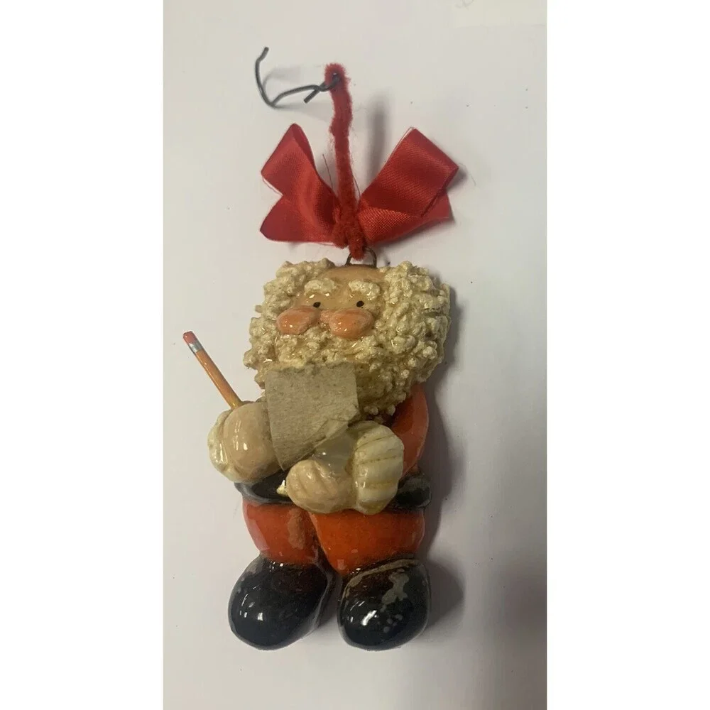 Vintage Santa Checking His List Christmas Ornament Faux Clay 4” X 2”