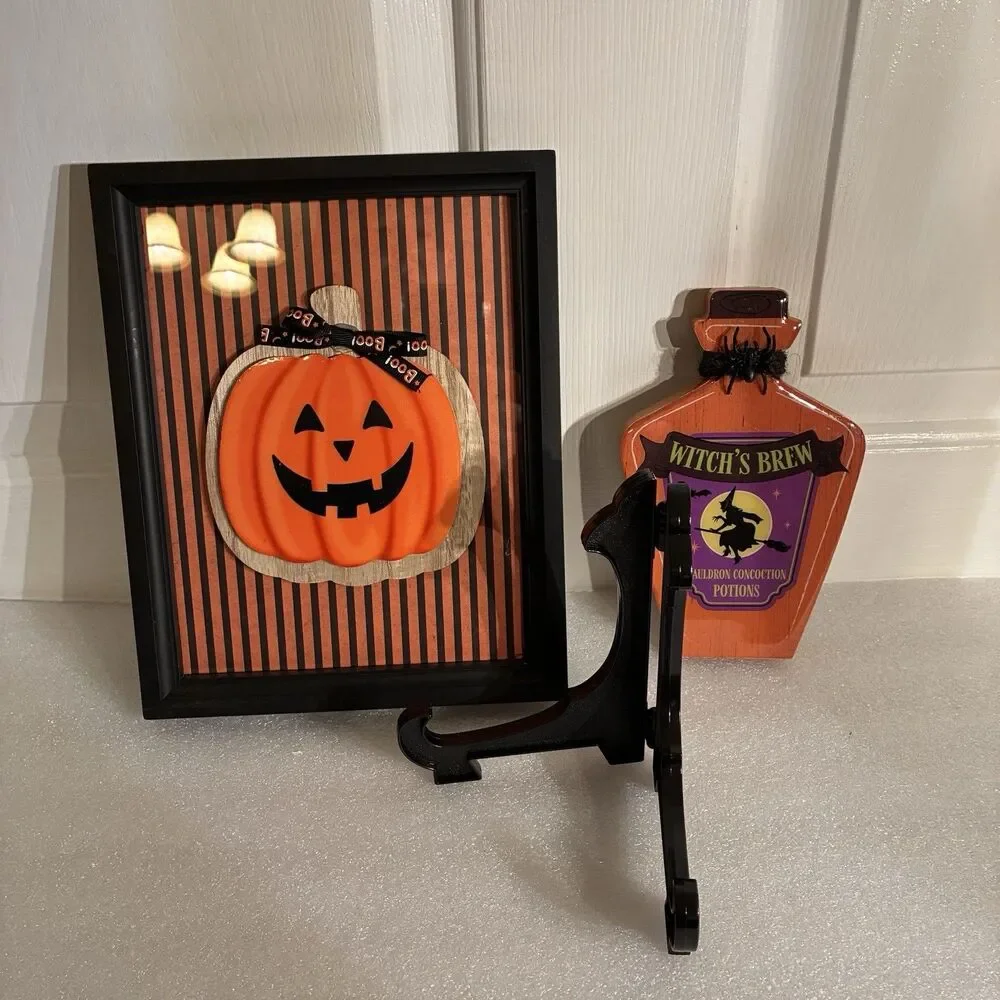 Halloween Jack-O-Lantern On Frame Stripes & Witch’s Brew Wood Potion Bottle