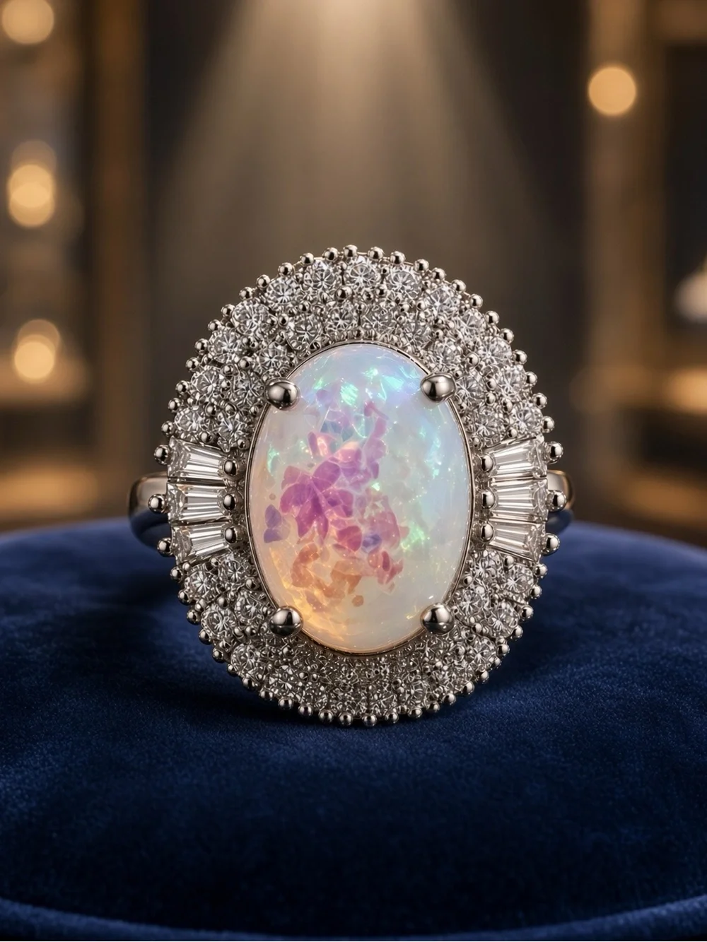 NWT Silver 3 ctw Crystal White Opal Halo Ring