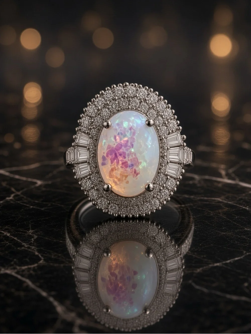 NWT Silver 3 ctw Crystal White Opal Halo Ring