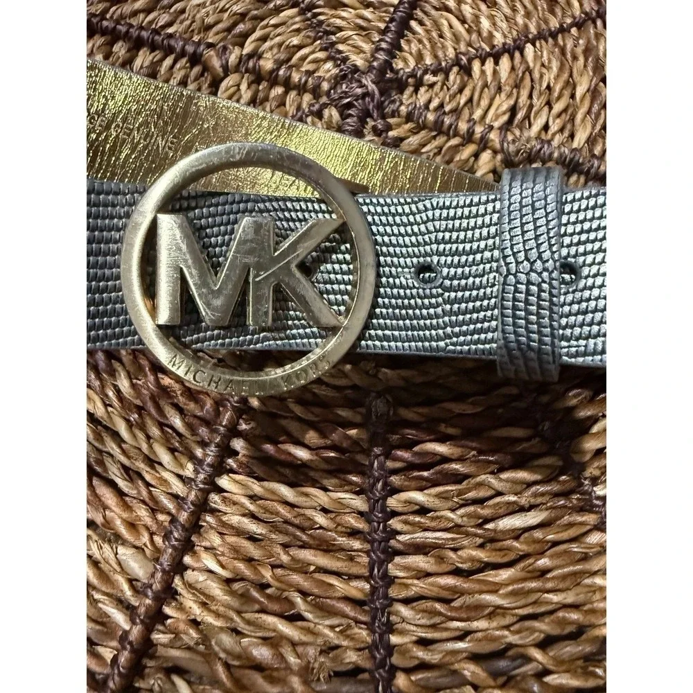Michael Kors Logo Belt Leather Faux Croc Reptile Gray Silver‎ Tone Buckle L 39