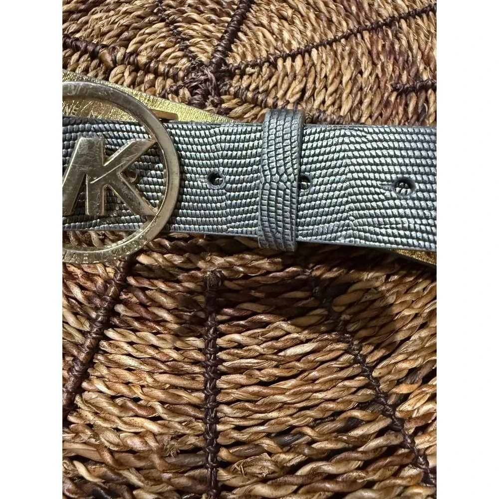 Michael Kors Logo Belt Leather Faux Croc Reptile Gray Silver‎ Tone Buckle L 39
