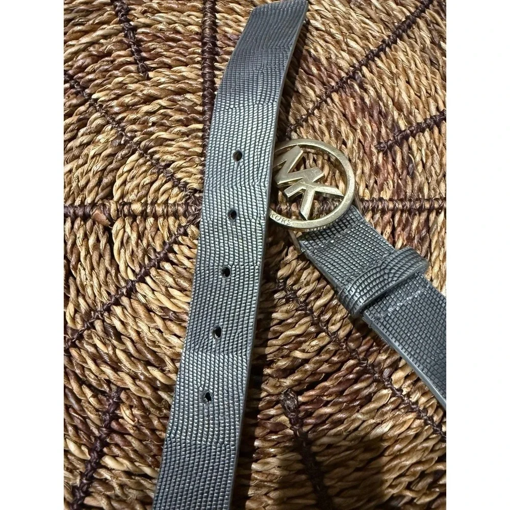 Michael Kors Logo Belt Leather Faux Croc Reptile Gray Silver‎ Tone Buckle L 39