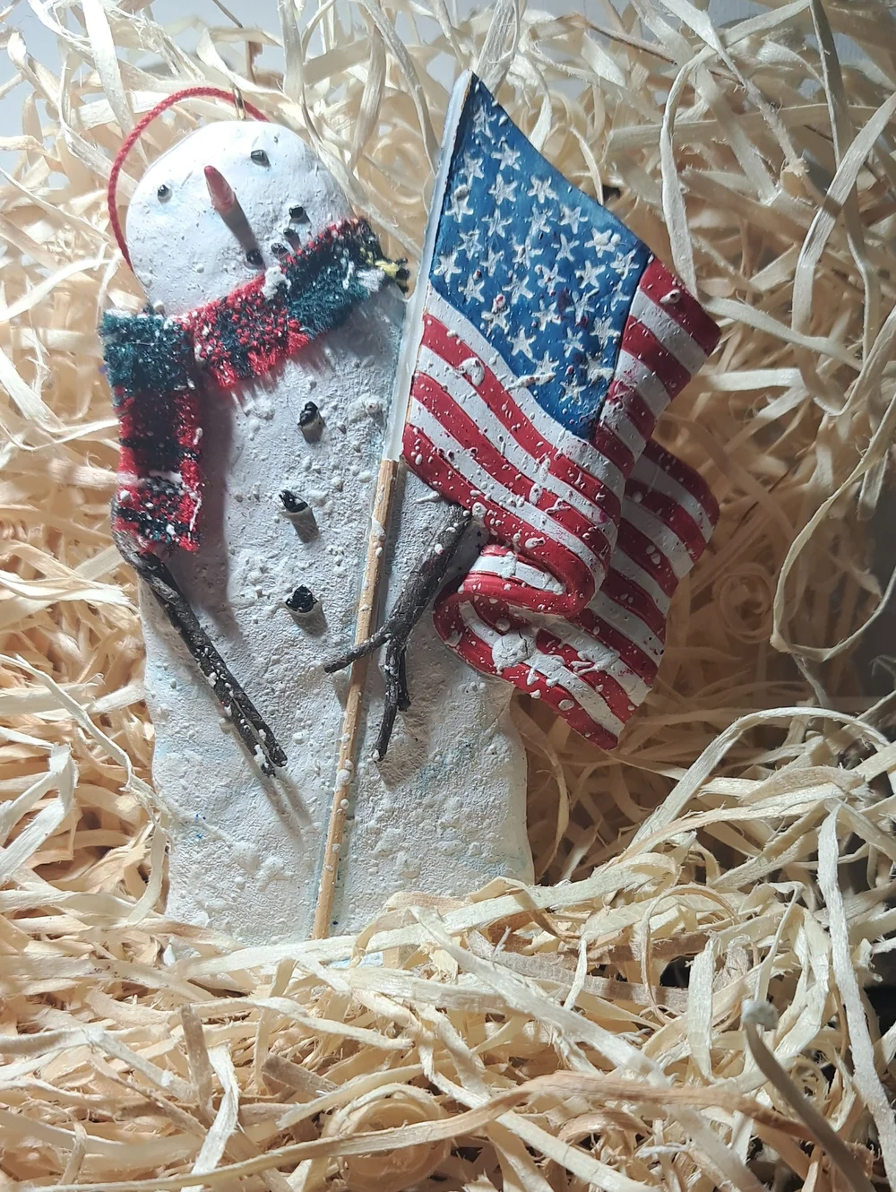 Patriotic Snowman Holiday Ornament with American Flag - Red, Blue, White
