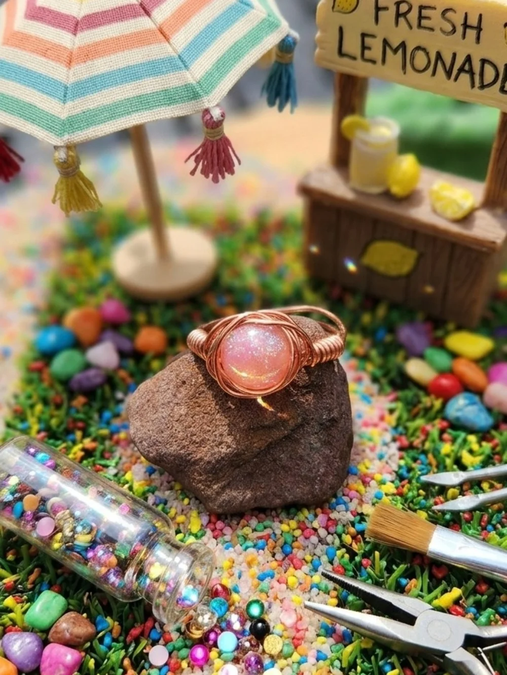 Copper Wire Wrapped Ring Handmade With Sun Reactive Cats Eye Resin Bead