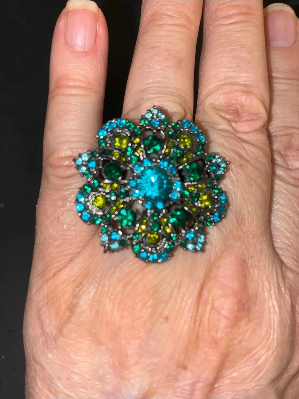 Floral Teal & Green Crystal Cocktail Stretch Ring