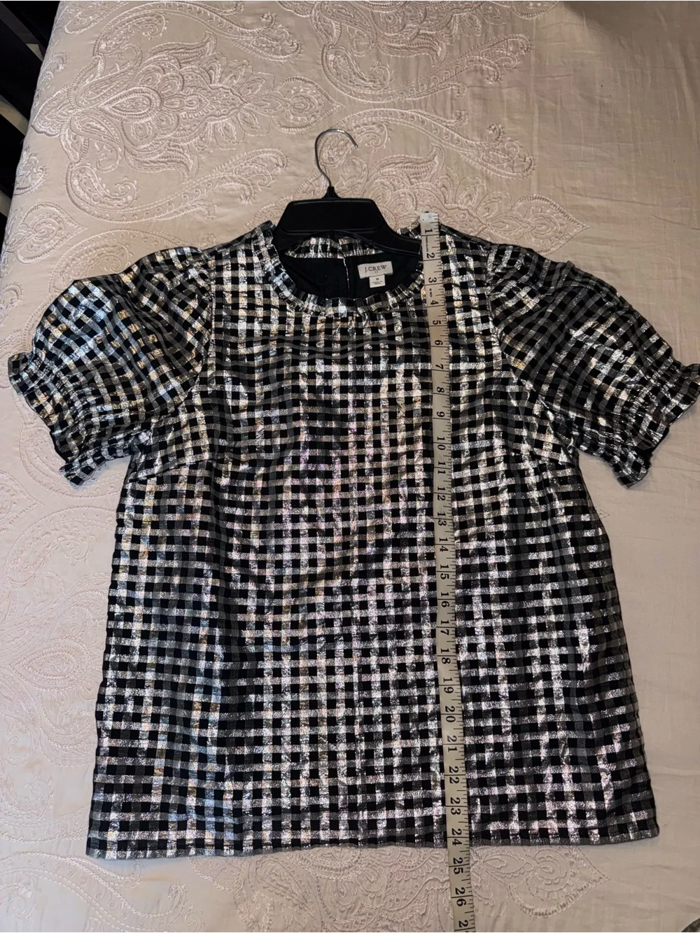 J.Crew Metallic Gingham Puff Sleeve Blouse Silver & Black Size S