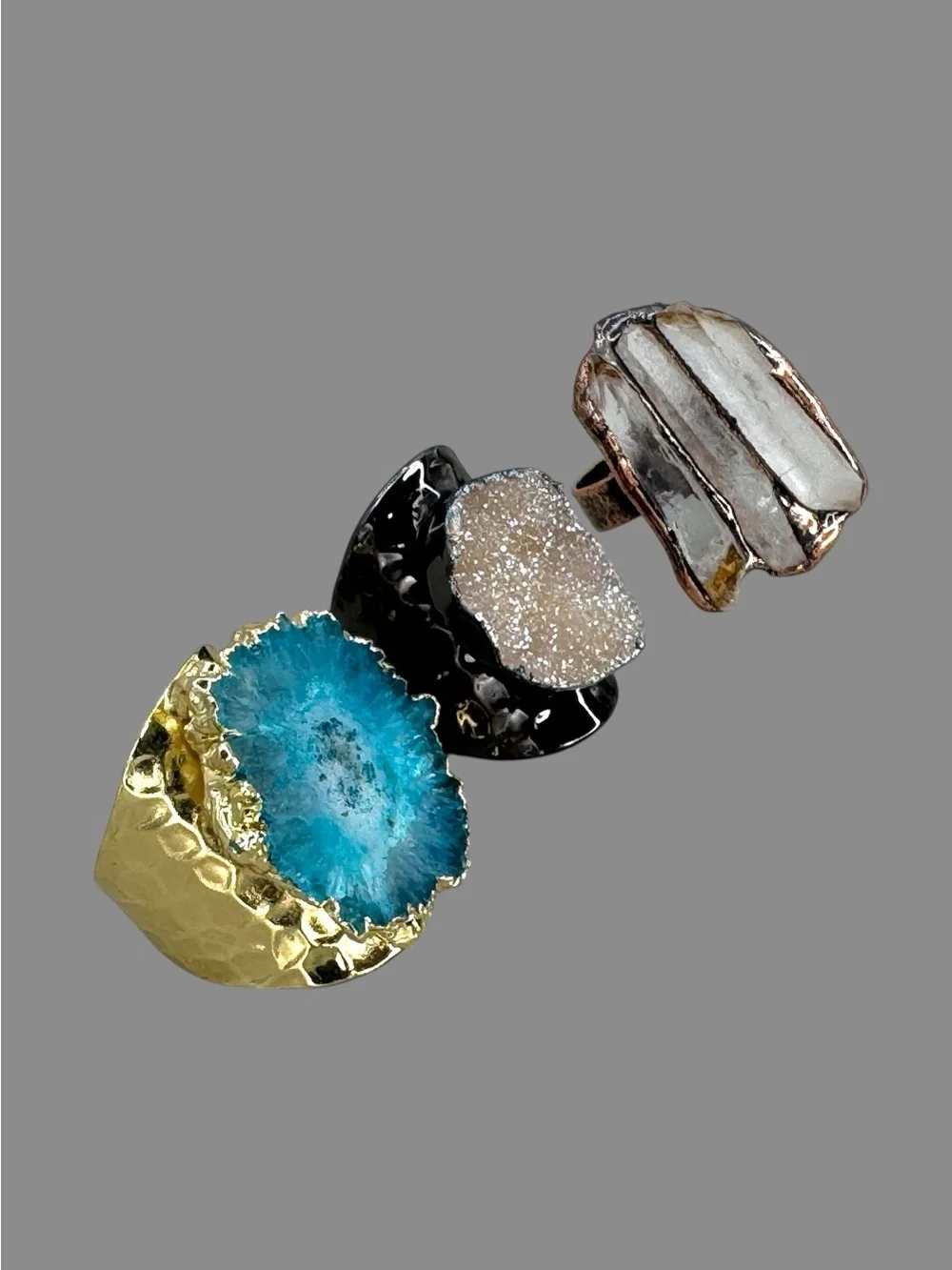 3-Piece Adjustable Natural Stone Statement Ring Bundle – Druzy Crystal Boho Ring