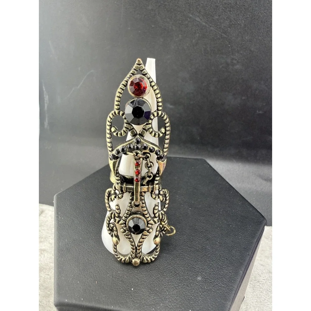 Ring Steampunk Costume Red Black Rhinestone Adjustable Goth Gold Tone 7