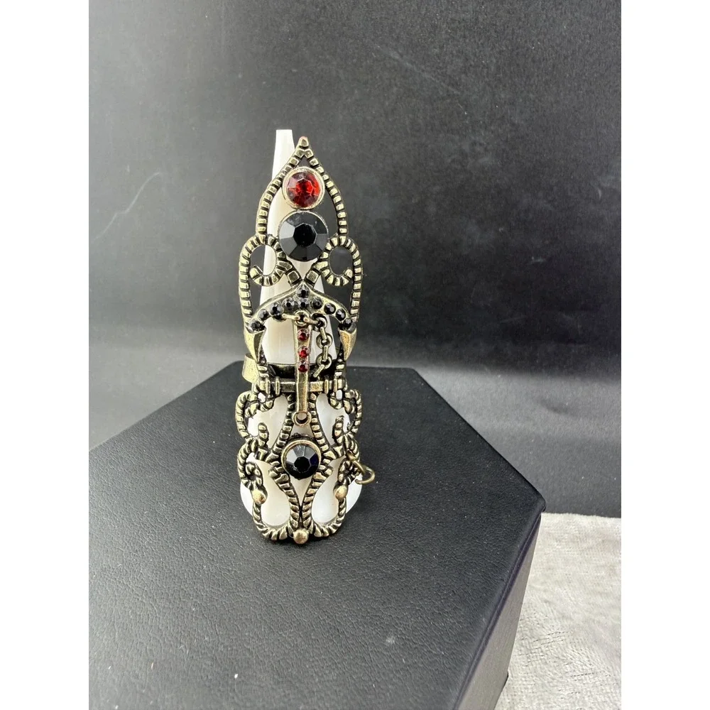 Ring Steampunk Costume Red Black Rhinestone Adjustable Goth Gold Tone 7