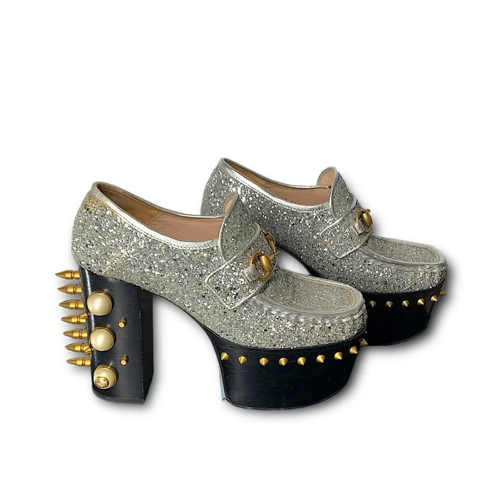 Gucci Vegas Silver Glitter Platform Loafers with Gold Stud & Spike Accents Rare