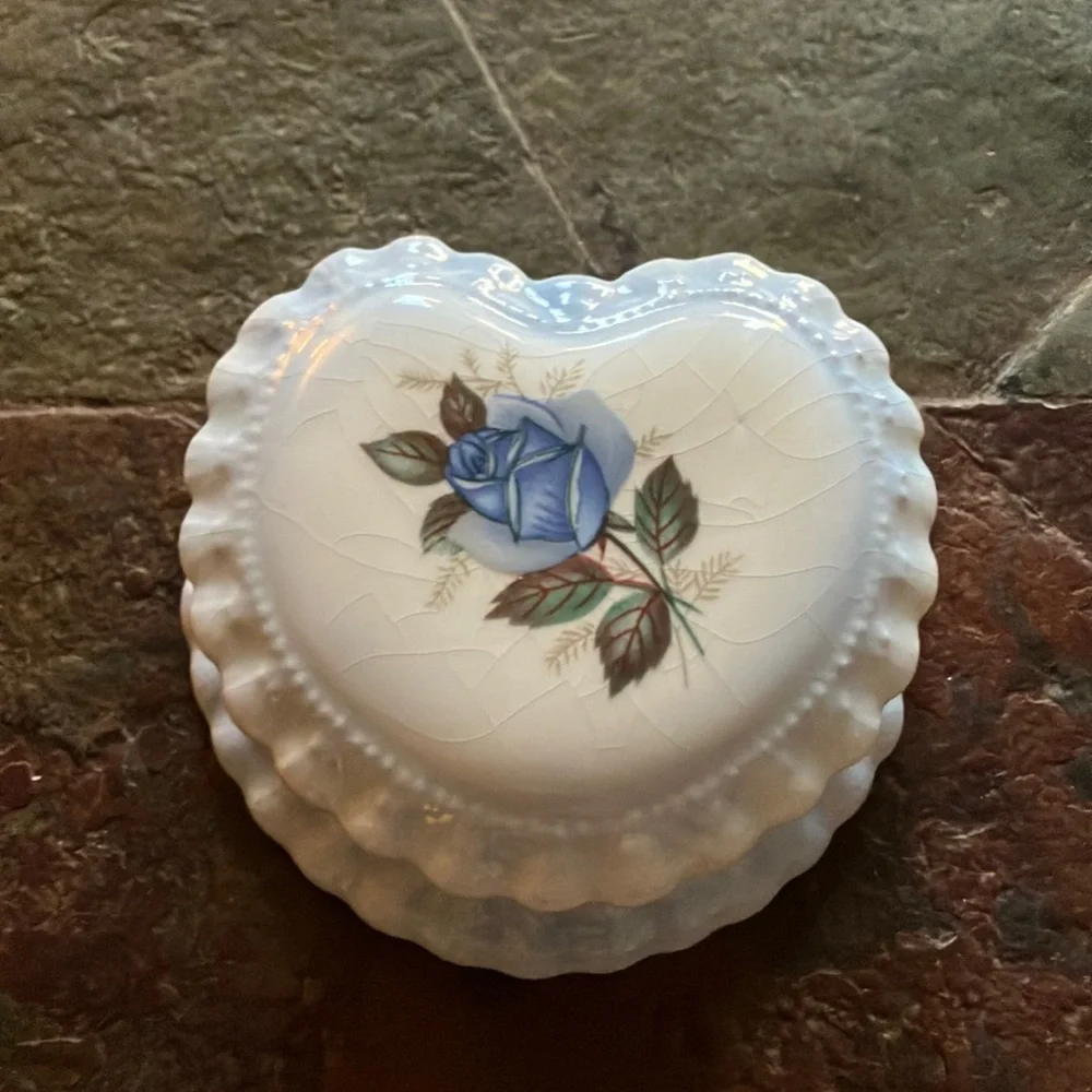 Heart-Shaped Porcelain Trinket Box with Blue‎ Rose and Ruffle Accents - Vintage