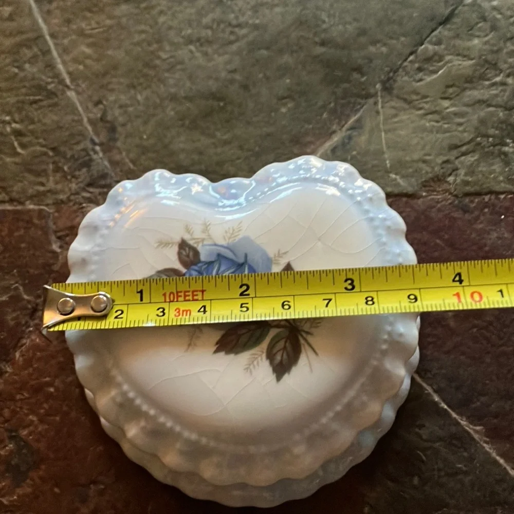 Heart-Shaped Porcelain Trinket Box with Blue‎ Rose and Ruffle Accents - Vintage