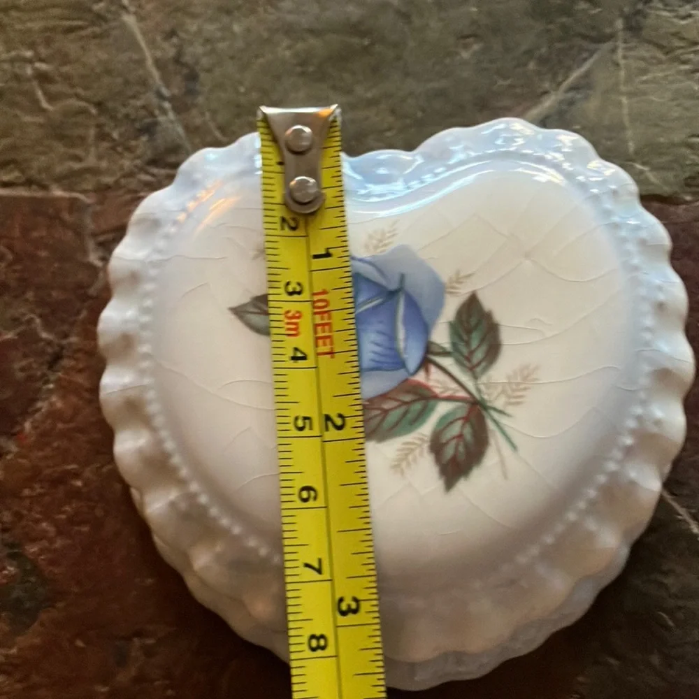 Heart-Shaped Porcelain Trinket Box with Blue‎ Rose and Ruffle Accents - Vintage