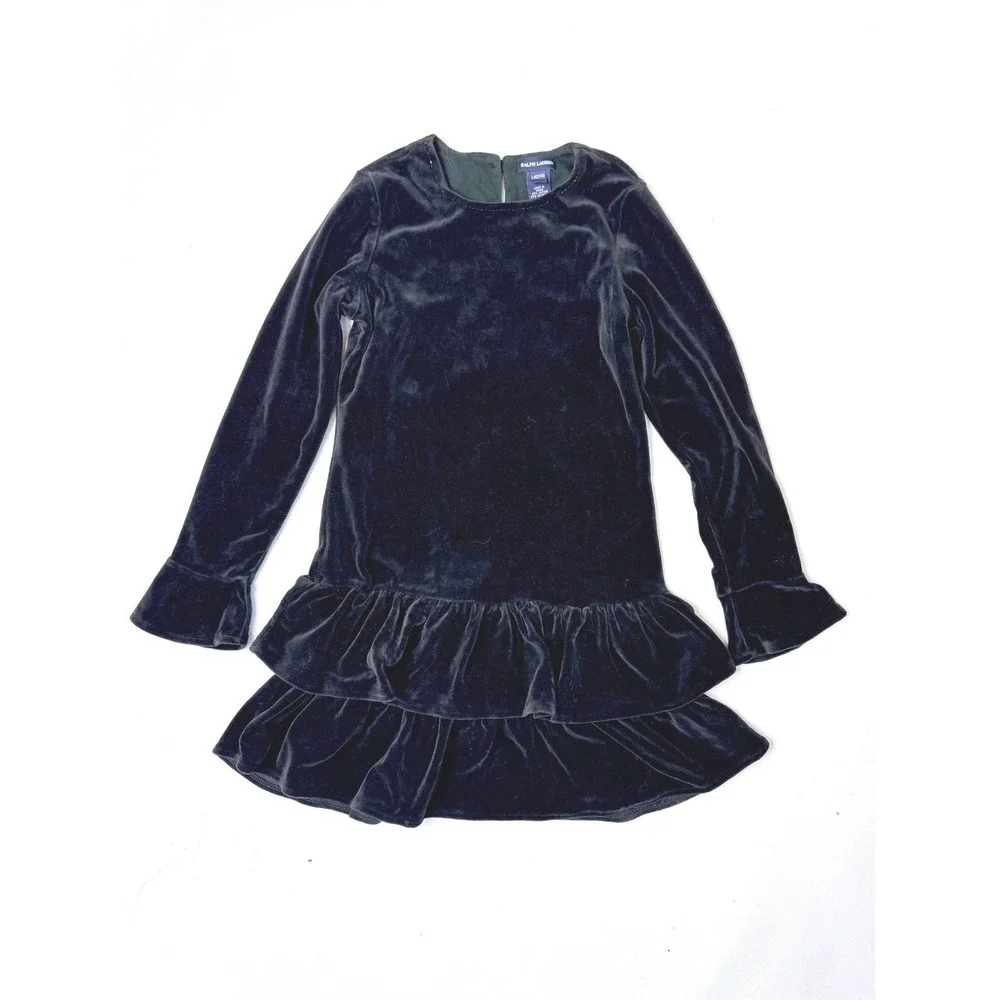 RALPH LAUREN Girls Black Velvet Velour Dress L 12-14 Ruffles Long Sleeve Holiday