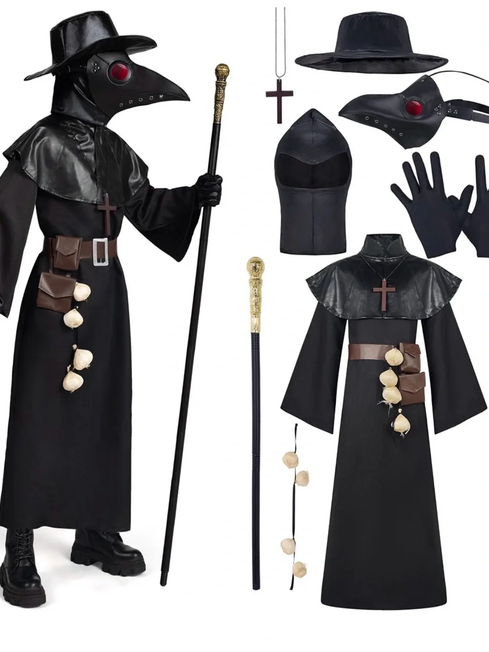 Kids Black Plague Doctor Costume with Hooded Beak Mask Size L (10/12)