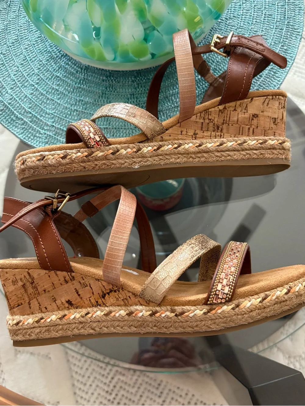 Abruce 7.5 Rhinestone Sandals Bronze Rose Gold Rope Cork 3” Wedge Heel