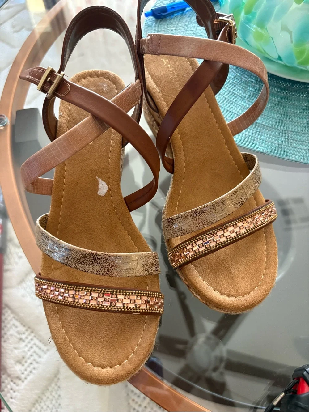 Abruce 7.5 Rhinestone Sandals Bronze Rose Gold Rope Cork 3” Wedge Heel