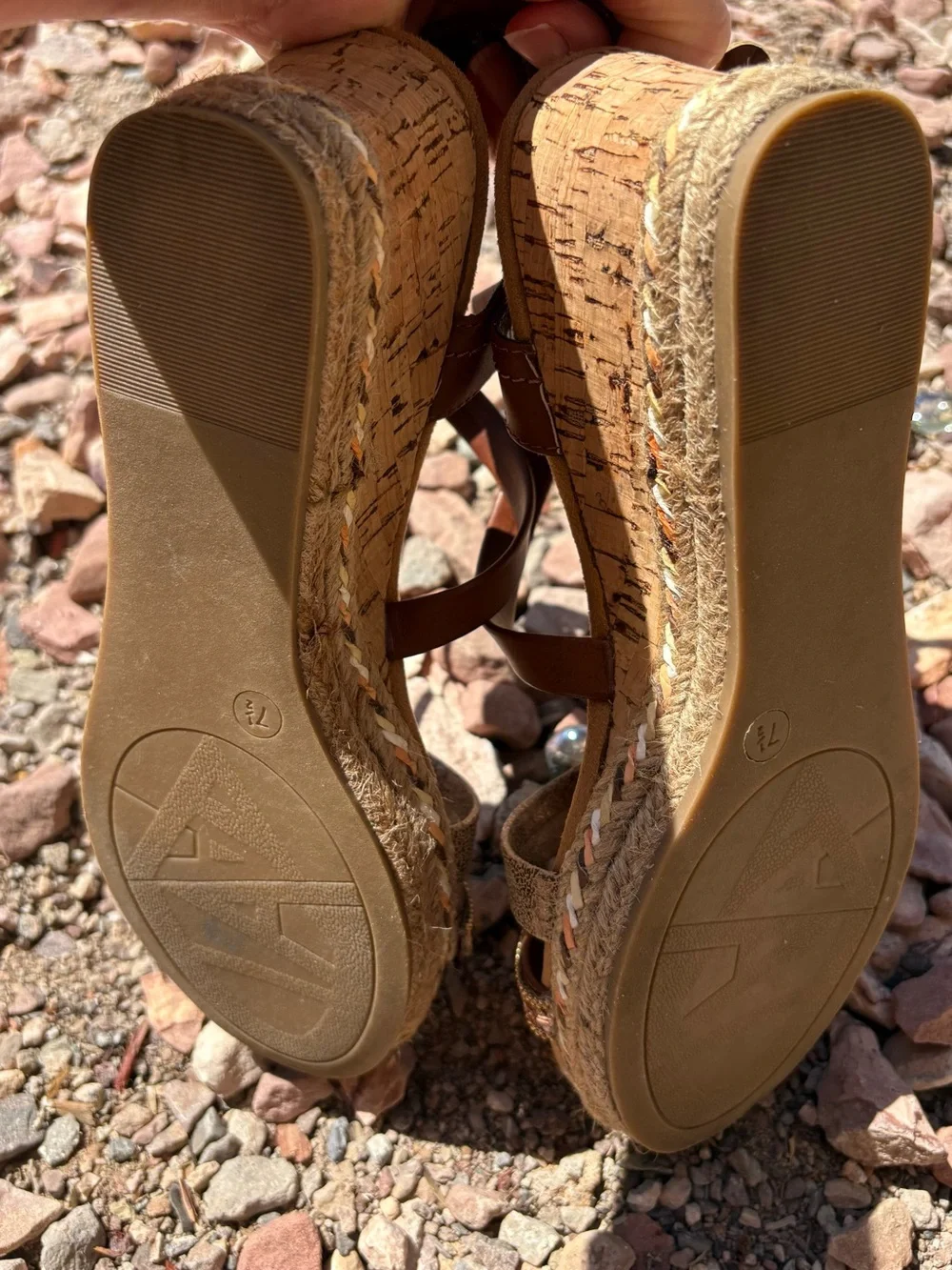 Abruce 7.5 Rhinestone Sandals Bronze Rose Gold Rope Cork 3” Wedge Heel